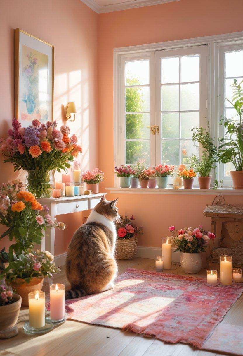A cozy, sunlit room filled with colorful flowers, candles, and aromatic diffusers emitting gentle swirls of fragrance. A person is joyfully arranging fresh blooms while a cat plays nearby, creating a warm and inviting atmosphere. Soft pastels and vibrant floral patterns adorn the walls. A sense of tranquility and happiness envelops the space. super-realistic. vibrant colors. warm lighting.