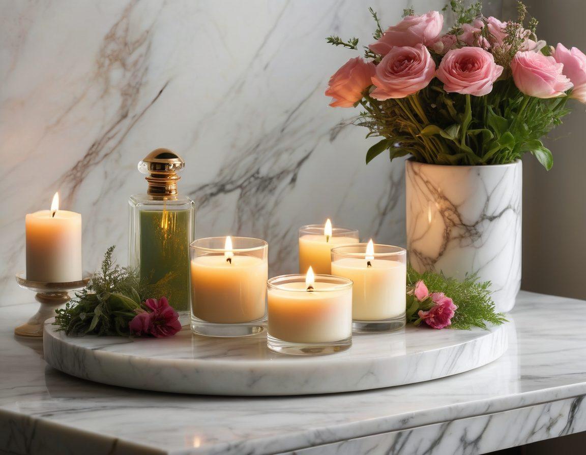 An elegant fragrance display featuring a variety of scented candles and luxury perfume bottles arranged artfully on a marble table, surrounded by fresh flowers and herbs. Warm, inviting lighting casts a soft glow, creating a tranquil atmosphere. Visual elements should convey a sense of pampering and self-care. Include delicate textures and colors to enhance the luxurious feel. super-realistic. vibrant colors. elegant decor.
