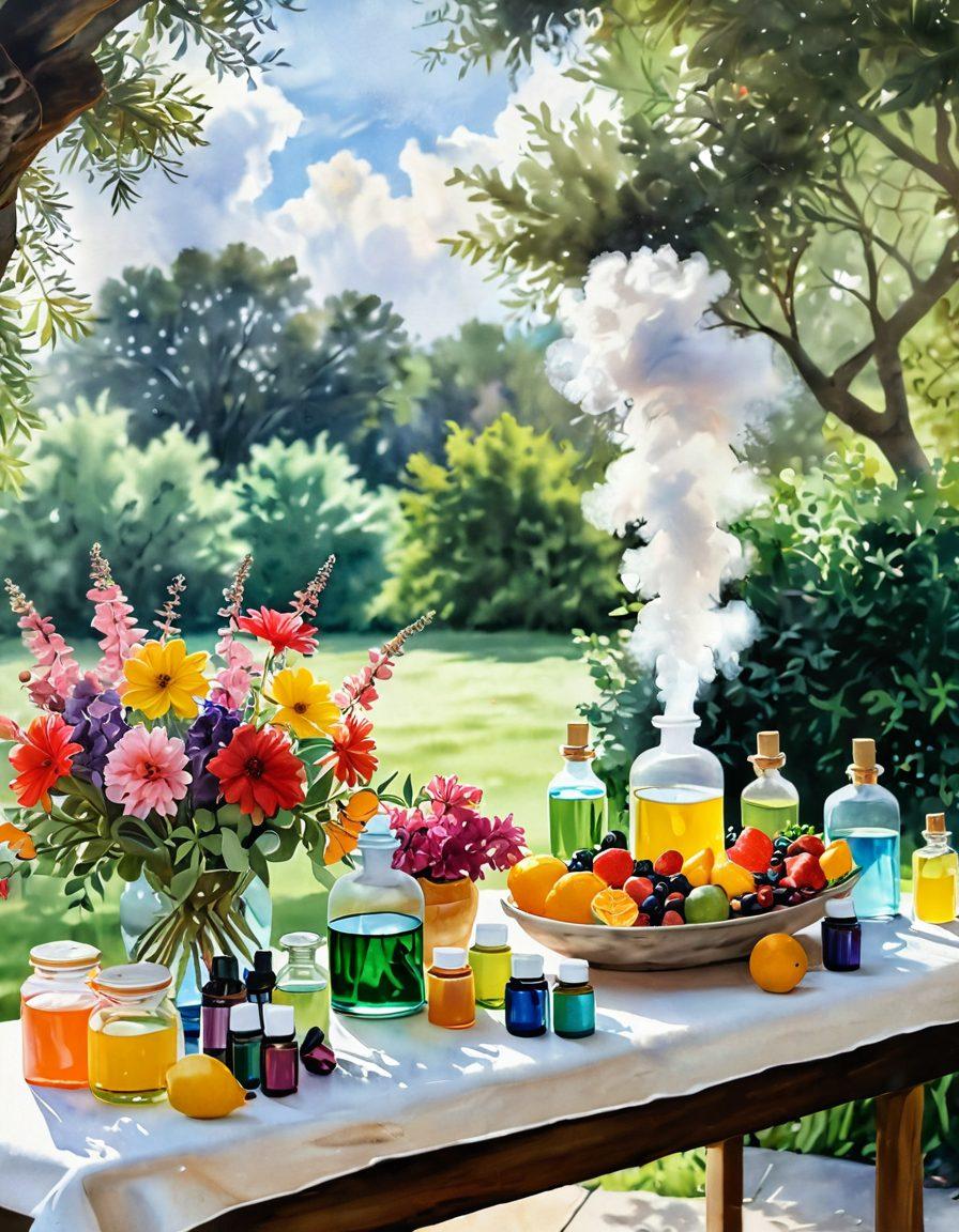 A tranquil scene featuring a beautifully arranged table filled with vibrant, colorful flowers and various essential oil bottles. Soft, wispy clouds of fragrant steam rising from an exquisite diffuser, surrounded by lush greenery and fruits, creating a refreshing and joyful atmosphere. The background showcases a serene nature landscape with gentle sunlight filtering through the trees. watercolor painting. vibrant colors. soft focus.